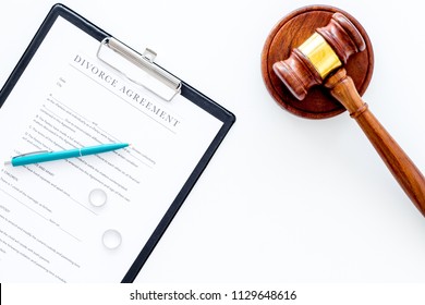 Divorce Court Case. Divorce Agreement Near Wedding Rings And Judge Gavel On White Background Top View Copy Space