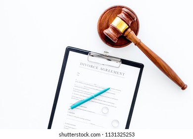 Divorce Court Case. Divorce Agreement Near Wedding Rings And Judge Gavel On White Background Top View Copy Space