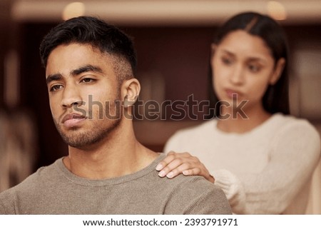 Divorce, fight and couple in a house with stress, worry or fear of infertility crisis in their home together. Marriage, conflict and sad man reject toxic woman in living room with argument or dispute