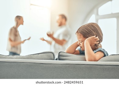 Divorce, parents and scared child on sofa with argument for conflict, disagreement or fighting in living room. Angry man, woman and girl covering ears for paternity test, distrust or wife with affair - Powered by Shutterstock