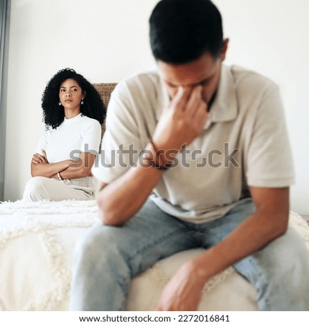 Divorce, sad and couple breakup or fighting in a bedroom unhappy with relationship due o cheating in a home or house. Woman, man or people with stress arguing in sadness due to infidelity Foto stock © 