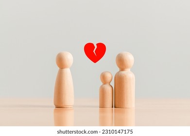 Divorce of single father with her husband and one child by wooden figurine miniature toy model. Family people lifestyle and social issue concept. Relationship and single mom theme. Childcare adoptive - Powered by Shutterstock