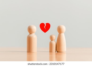 Divorce of single mother with her husband and one child by wooden figurine miniature toy model. Family people lifestyle and social issue concept. Relationship and single mom theme. Childcare adoptive - Powered by Shutterstock