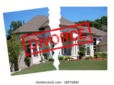 Divorce Stamp On A Torn House. Concept Of  Lives Breaking Up