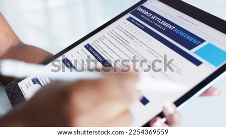 Divorce, tablet and girl with digital agreement, documents or contract contemplating choice to sign. Family law, legal and black woman with pen reading and review online marriage separation paper