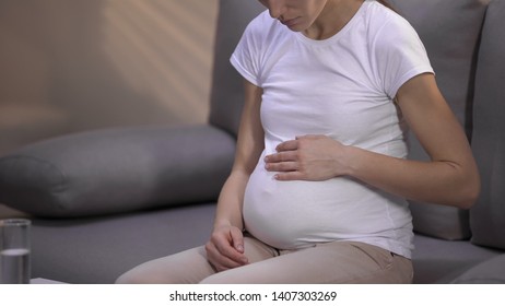 Divorced Lonely Pregnant Touching Her Belly, Suffering Loneliness And Hardship