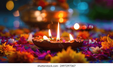 Diwali Celebration with Lit Diyas and Flower Petals for your background bussines, poster, wallpaper, banner, greeting cards, and advertising for business entities or brands. - Powered by Shutterstock