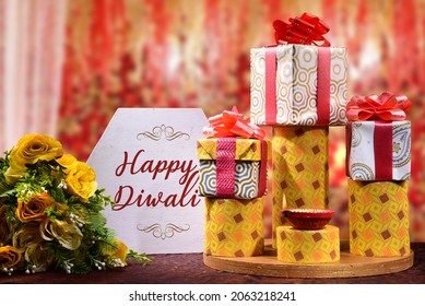 Diwali Gifts And Diwali Lamp With Festival Background, Happy Diwali