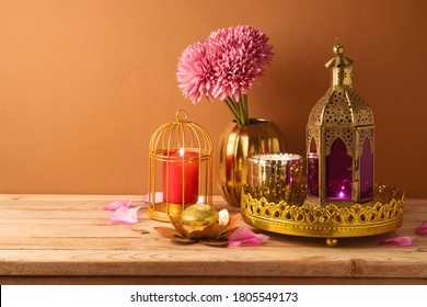 Diwali Holiday Home Decorations On Wooden Table. 