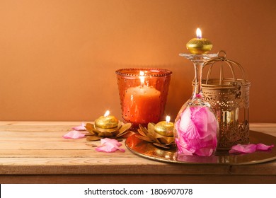 Diwali Holiday Home Decorations On Wooden Table.