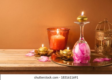 Diwali Holiday Home Decorations On Wooden Table.