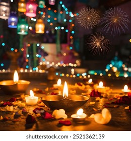 Diwali Indian festival, Diwali fireworks with Diwali lights - Powered by Shutterstock