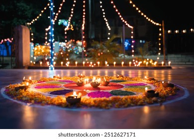 Diwali special portraits of diya and rangoli with colorful lights - Powered by Shutterstock