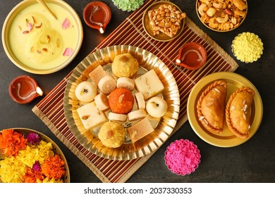 Diwali sweets Gujiya barfi Motichoor Laddu Rasmalai Indian sweet dessert mithai festival dish Dussehra Holi ganesh chaturthi Ram navami Durga puja durga ashtami Navratri Mumbai Kerala India Sri Lanka - Shutterstock ID 2037330353