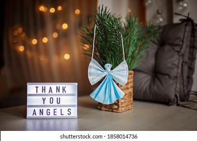 DIY Angel Made With Medical Face Masks, Zero Waste Christmas Tree Decoration, Gratitude From Thankful Patient Concept, Hero Of The 2020 Year, Lifestyle