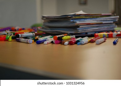 DIY Art And Craft Supplies For Scrapbook, Vision Board, Dream Board, Collage. Markers And Magazines On Table