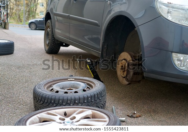 DIY -\
Change tires on car, from summer to winter tires\
