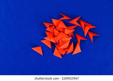 Diy Chinese Dragon On Blue Background. Gift Ideas, Decor Chinese New Year. Handmade Red Gold Lunar Dragon Lion From Modular Origami. Step By Step. The Process Of Crafts. Top View.