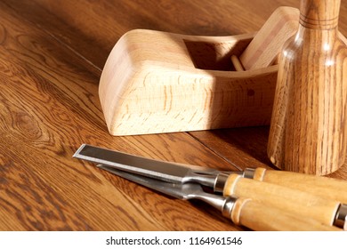 DIY concept Carpenter cabinet maker hand tools on the workbench in the shop. Closeup.  - Shutterstock ID 1164961546