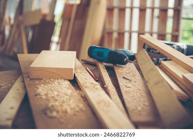 DIY craftsperson wood heap carpenter objects woodwork handyman desk. Architect tools with ruler measure hammer home improvement equipments. Wooden builder carpenter repairing construction workshop - Powered by Shutterstock