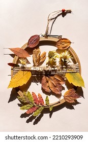 DIY Door Wreath From Autumn Colourful Leaves And Flowers. Fall Home Decor.