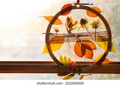 DIY Door Wreath From Autumn Colourful Leaves And Flowers. Fall Home Decor.