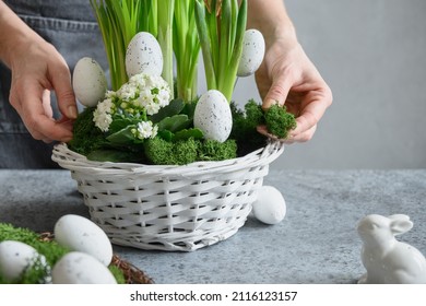 DIY Easter Table Centerpiece With Festive Eggs, Moss And Bunny. Spring Composition. Floral Workshop.