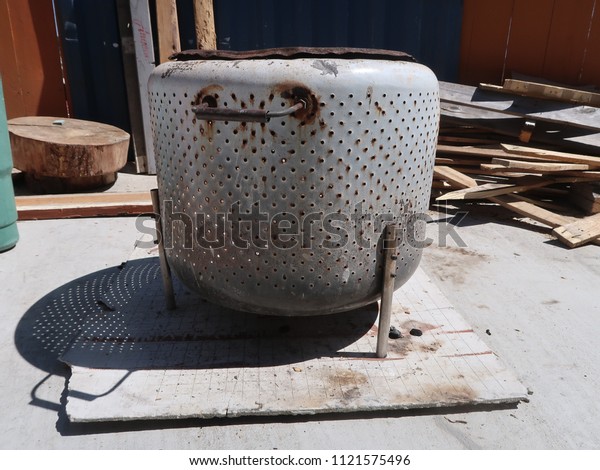 Diy Firepit Made Old Washer Drum Royalty Free Stock Image