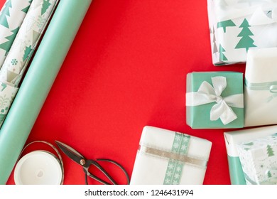 DIY Gift Wrapping. Beautiful Nordic Christmas Gifts Christmas Wrapping Station Concept Top View Background.