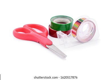 DIY Gift Wrapping Concept. Close Up Of Colorful Washi Tapes And Red Scissors, Isolated On White Background.