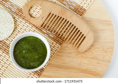 Diy Green Mask (scrub) With Seaweed Extract (or Green Tea) And Wooden Hair Comb. Ingredients For Preparing Homemade Cosmetics. Natural Beauty Treatment Recipe, Zero Waste Concept. Top View, Copy Space