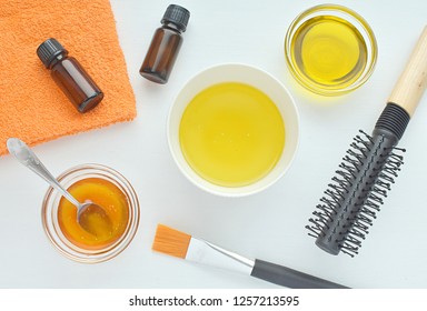 Diy Hair Mask With Natural Ingridients, Honey Olive Oil, Essential Oils, Cosmetic Brush, Hair Brush, Flat Lay.