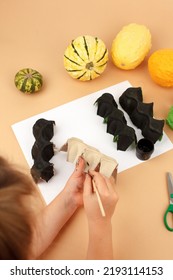 Diy Halloween Decor From Egg Box Beige Background. Gift Idea, Home Party Decor Halloween. Instruction. Step By Step, Top View. Children Halloween Zero Waste Craft. Workshop. Step 3