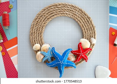 DIY Instruction. Step By Step Tutorial. Making Summer Decor - Wreath Of Rope With Sea Stars Made Of Felt. Craft Tools And Supplies. Step 7 - Final