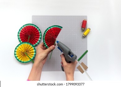 DIY Instruction. Step By Step Tutorial. Making Decor For Summer Birthday Party - Red And Yellow Watermelon Fan. Craft Tools And Supplies. Step 7