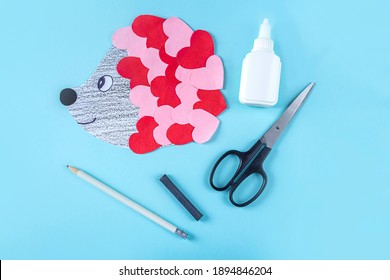 DIY And Kid's Creativity. Step By Step Instruction: How To Make Valentine Card, Hedgehog With Hearts. Step7 Finished Postcard Gift. Craft For Valentines Day