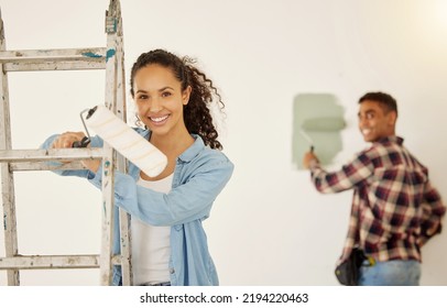 DIY, Maintenance And Painting Couple For Home Renovation Project, Construction For Interior Design In Apartment And Smile For Creative Repair Job. Happy Man And Woman Painter Working In Room