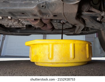 DIY Oil Change With Yellow Drain Pan With Oil Activly Running Out Of Engine Block