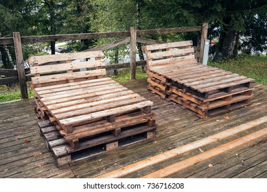 DIY Pallet Outdoors Furniture In House Backyard, Selective Focus