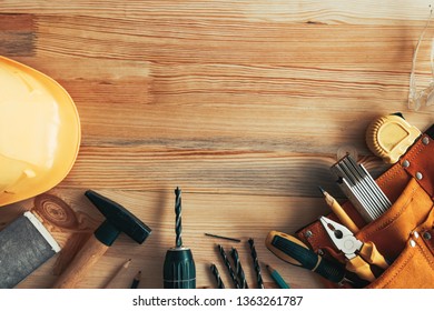 DIY Project Tools, Top View On Wooden Pine Workshop Desk As Copy Space