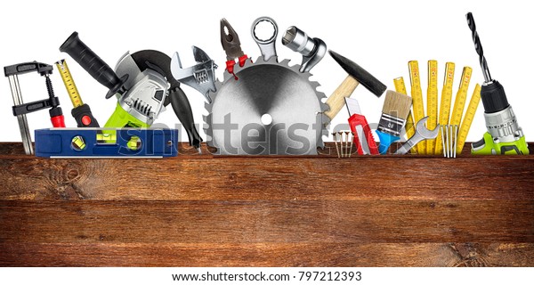 Diy Tools Collage Concept Behind Wooden Stock Photo (Edit Now) 797212393