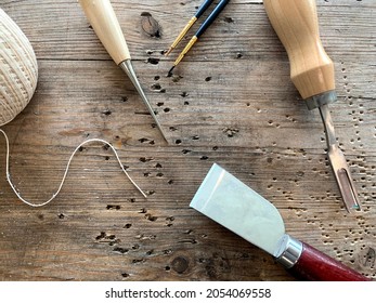Diy Tools Leather Work Tool Knife Cleaver Brush String Wood Wooden Work Bench Vintage Rustic Background