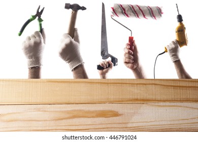 DIY tools set collage with copy space for text at wooden background isolated on white.