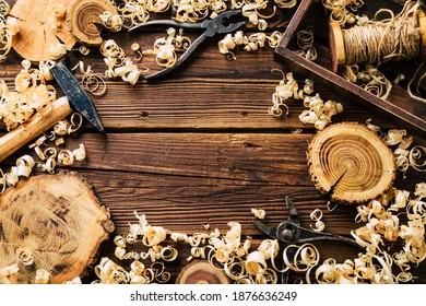 DIY wood. Woodworking workshop. Wood shavings and carpentry tools. background