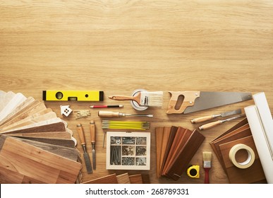 DIY Workbench Top View With Carpentry And Construction Tools, Copy Space At Top