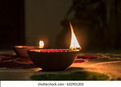 Diya Lamp With Fire. Traditional Divali Festival. Close Up