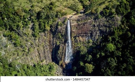 Diyaluma Falls Highest Waterfalls in Sri Lanka Located Next to Koslanda Town. Beautiful Photo Bird Eye View. Green Tropical Jungle, Mountain Highland and Cascade Landscape in Indian Ocean