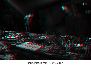 DJ Console For Mixing Music With Blurry People Dancing At A Nightclub Party. Black And White With 3D Glitch Virtual Reality Effect