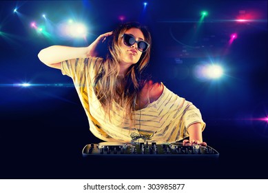 Dj Girl Dancing With Light On Background