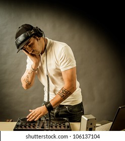 DJ With Mixer Is Working , Photo With Copyspace